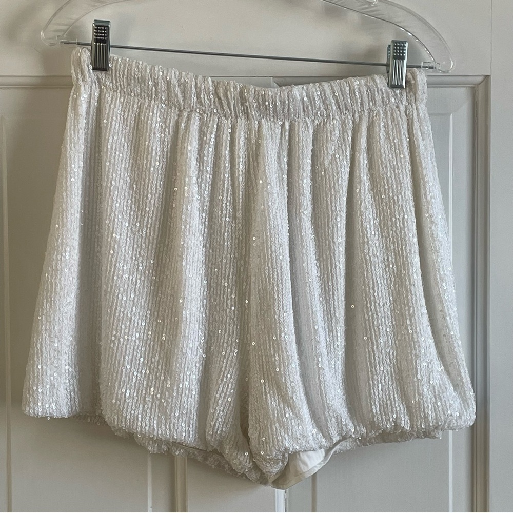White Sequined Glitter Size M Booty Shorts. Performance Disco Clubwear Hot Pants